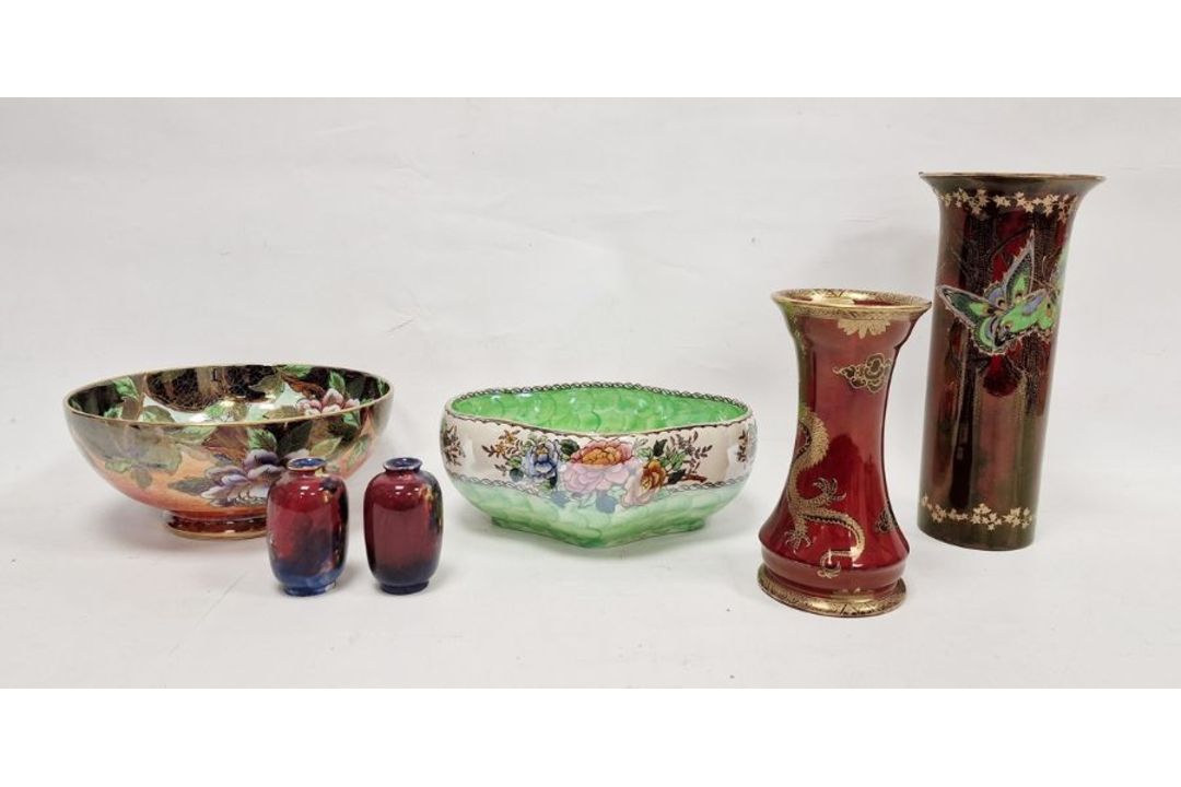 Group of Art Deco lustred pottery bowls and vases comprising a Maling ruby red lustre waisted - Image 1 of 6