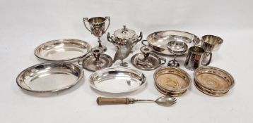 Gerber boxed carving set of knife and fork, pair of wine coasters with turned wood bases, pair