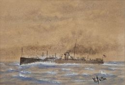 William Sutton Watercolour Study of a WW1 destroyer or torpedo boat, signed lower right, framed