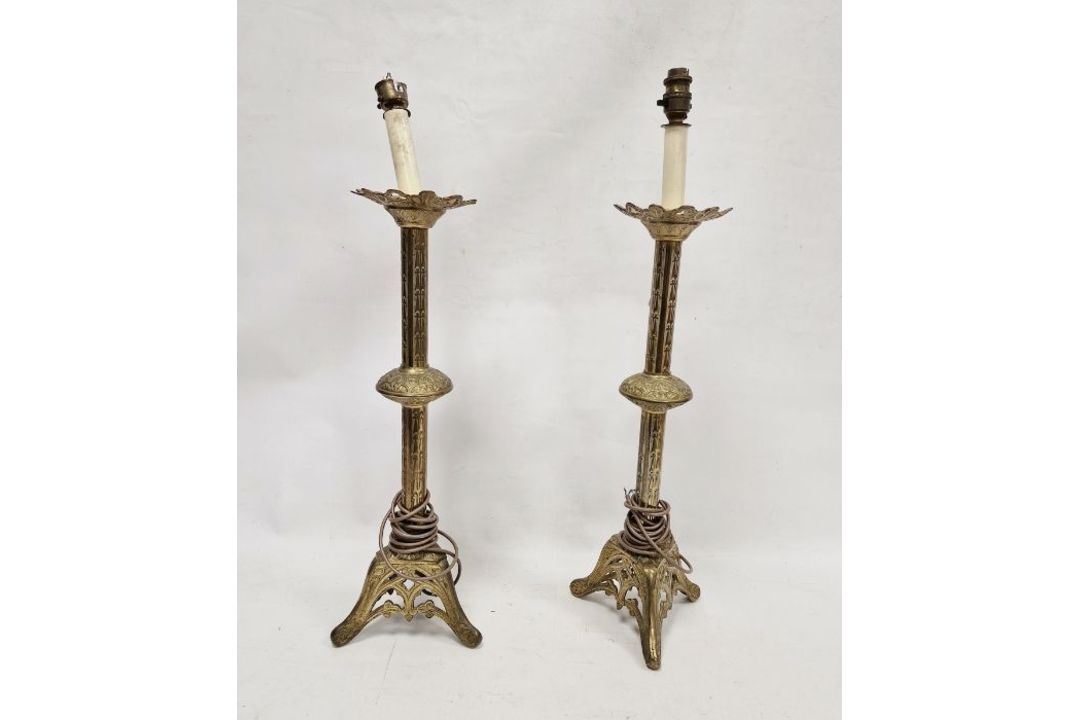 Pair brass, possibly ecclesiastical, candleholders, converted to table lamps ( 2)