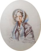 19th century school Watercolour Study of a female wearing a bonnet and shawl, indistinctly signed