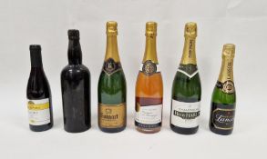 Six bottles of various wines and champagne including Henri Harlin champagne, Ruinart champagne,