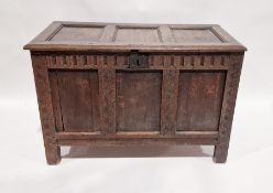 Antique oak coffer having triple frame panel top, nulled frieze, triple panel front, on stile