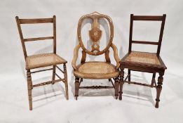 Mahogany inlaid cane-seated chair and two other slatback cane-seated chairs (3)