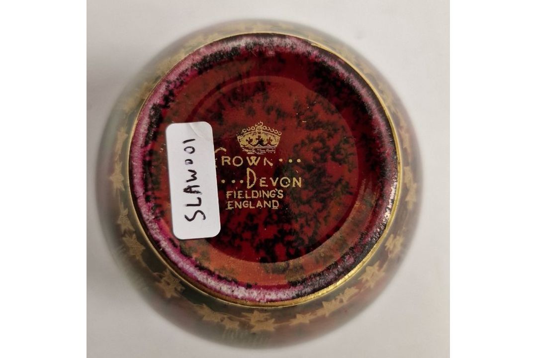 Crown Devon Fieldings lustred red oviform vase, printed in gilt with butterflies in woodland, and - Image 3 of 4