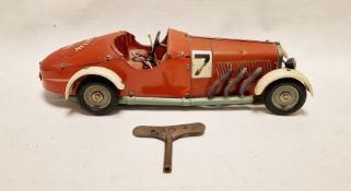 1930's Marklin tinplate clockwork constructor racing car 1101, red with no.7, 39cm approx.