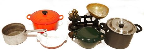 Small Le Creuset orange casserole, a small green lidded Le Creuset casserole, a small flan dish, a