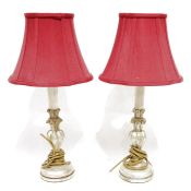 Pair of wooden table lamps with red shades, distressed silvered paint (2)