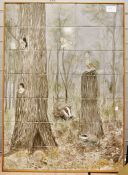 Geoff Beeston Ceramic tile picture of wildlife to include badgers, owls, hedgehog, framed,