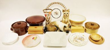 Carved wooden gypsy caravan with pair of horses, a bowl of ceramic fruit, assorted ornaments, a