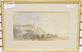 B. Owland Watercolours  Rustic village scene with bridge over stream  Rustic scene with farmhouse