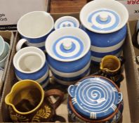 Old Hall stainless steel tea service, a vintage cream and blue enamel saucepan with lid and steamer,