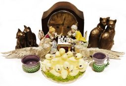 Vintage doll's pram, a pair of silver-coloured metal pheasants, cat ornaments, assorted ceramics