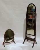 Cheval glass mirror, 160cm high and an oval toilet mirror with wooden surround (2)