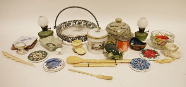 Assorted petit-marmite pots lidded, modern glassware, potteryware, a clay model of a girl sitting on