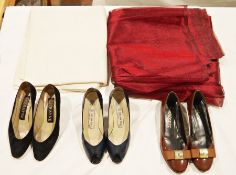 3/4 metres of burgundy coloured stiff silk (?) and 135 x 210 cm of cream linen/cotton blend fabric