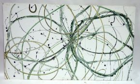 Large abstract acrylic on board, paint poured and splattered in spiral pattern, in various colours