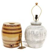 Large earthenware beer cask and a large circular pottery lamp (2)