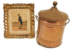 Copper coal scuttle, lined, two mirrors, a print and a folding dressing table mirror (in need of