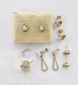 Gold-coloured metal and white stone dress ring, a pair of 9ct gold and opal earrings, teardrop-shape