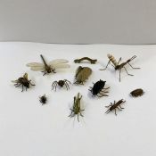 Cold painted bronze insects:- grasshopper, 2.5cm long dragonfly, 4.5cm long, mosquito (lacking one