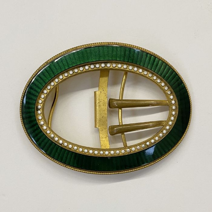 Edwardian belt buckle, oval and guilloche enamel with white enamel beaded inner rim and gilt- - Image 2 of 4