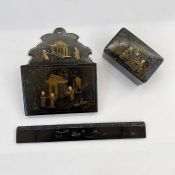 Gilt painted papier-mache chinoiserie letter rack with shaped pediment, 17cm wide, similar hinged