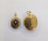 Gold-coloured metal oval locket and another plated with blue enamel and pearl set star