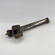 A Turkish Ottoman silver coloured scribe's box, with engraved bands, impressed marks, 34cm