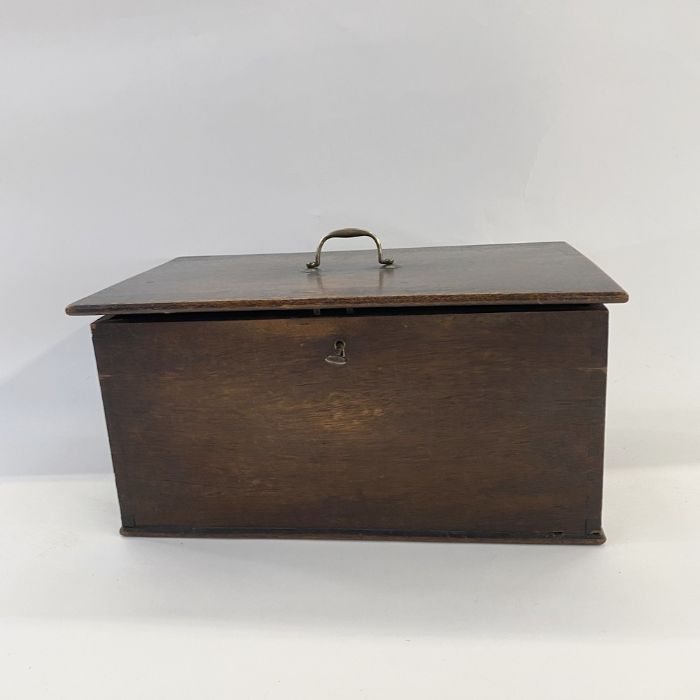 Antique mahogany box, brass drop handle to top, lock with key. 40.5 w x 24d. x 19 h. - Image 2 of 3