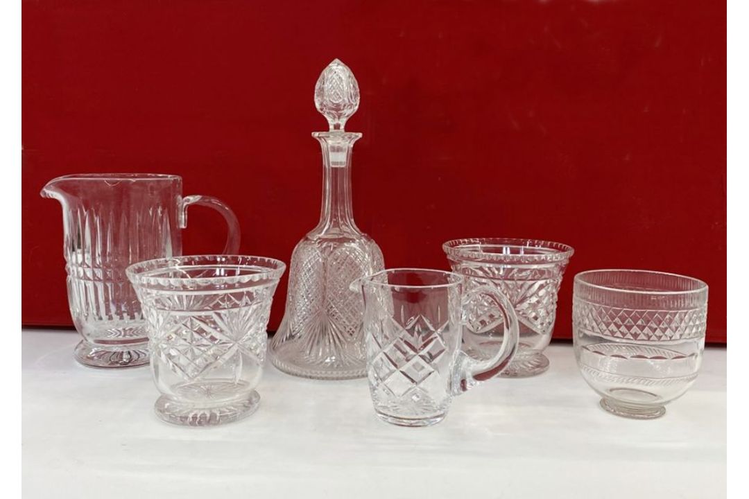 Bell-shaped cut glass decanter, a facet-cut heavy water jug (slight chip inside), a cut glass - Image 1 of 3