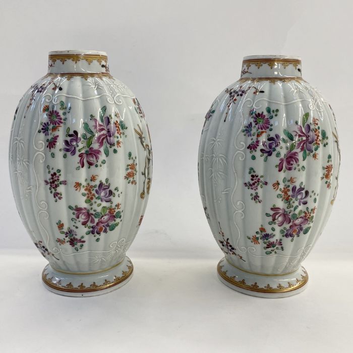Pair of Samson porcelain vases in pseudo-Chinese style, each ovoid and ribbed, decorated with - Image 2 of 2