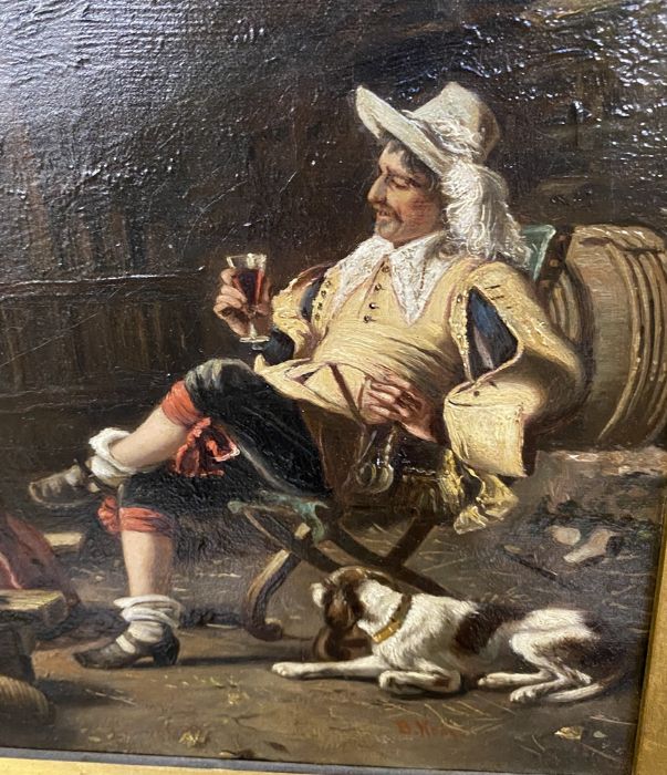 Continental school Oil on canvas 19th century interior scene with man in 17th century dress, - Image 5 of 6