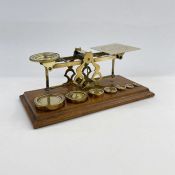 Set of late 19th century Sampson Mordan and Co. postal scales, with seven graduated weights on oak