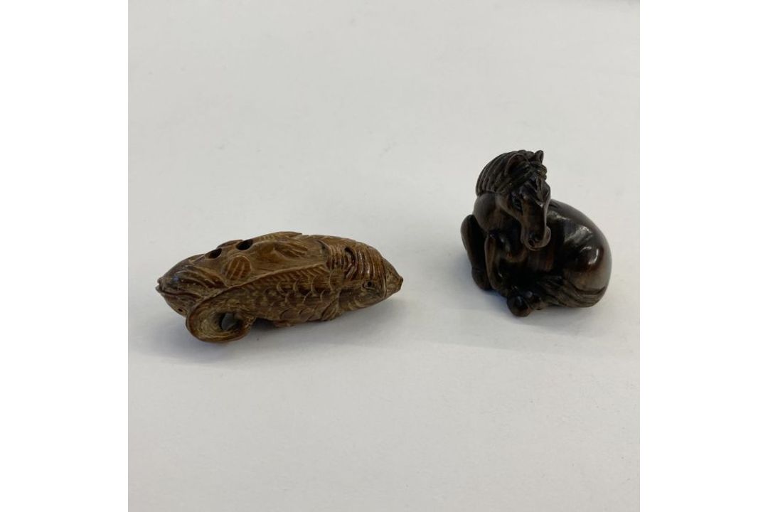 Japanese carved wood netsuke in the form of a seated foal, 4cm high and another in the form of a - Image 2 of 5