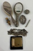 Victorian silver backed hand mirror, scroll decorated (worn), 1920s silver backed hairbrush, 1923,