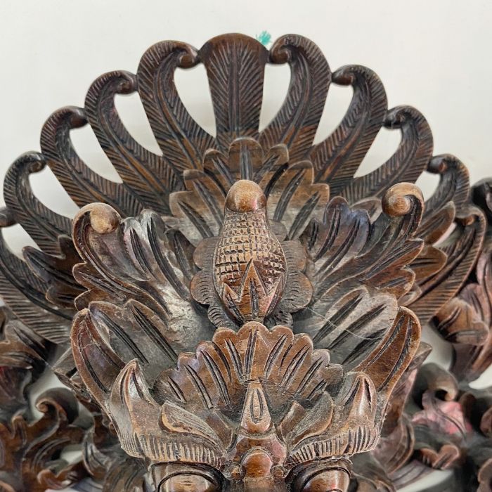 Chinese carved hardwood wall mask in the form of a grotesque Qilin, having carved feather and - Image 9 of 10