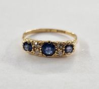 18ct gold, sapphire and diamond ring set of three sapphires interspersed by four old-cut diamonds,