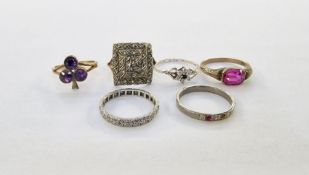 9ct gold and silver square ring set with white paste stones, a gold-coloured metal ring set with