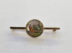 Gold-coloured metal reverse intaglio bar brooch, circular, painted with pheasant, marked 'B&S'