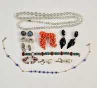 Pair coral style floral drop earrings, a white metal bracelet set with cornelian-coloured and