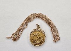 Edwardian gold sovereign in scroll pendant mount, 1904, with gold-coloured metal curb-link chain