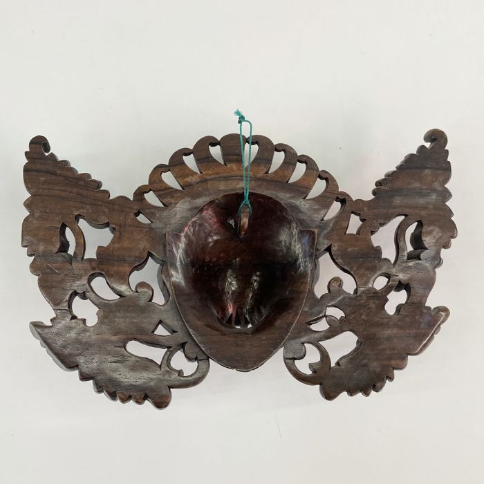 Chinese carved hardwood wall mask in the form of a grotesque Qilin, having carved feather and - Image 10 of 10