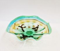 Viz Glass Inc. American glass centrepiece bowl in green, yellow and brown, with label, 39cm diameter