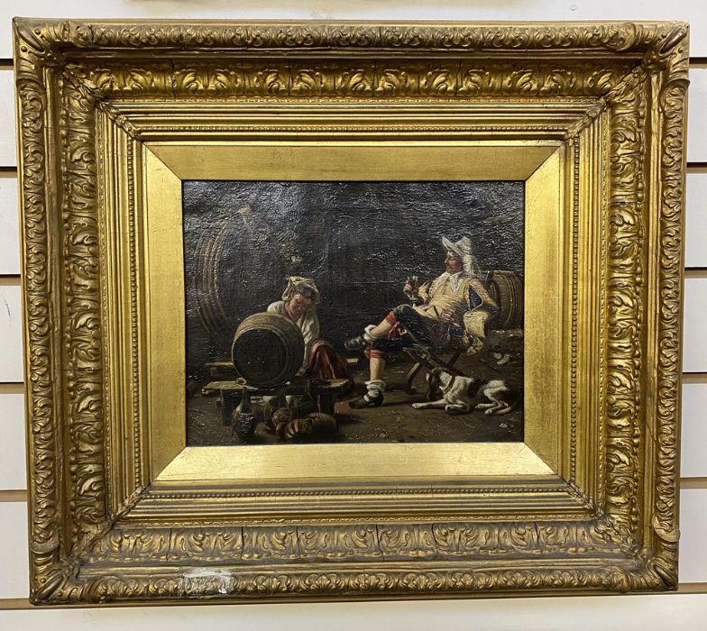 Continental school Oil on canvas 19th century interior scene with man in 17th century dress, - Image 2 of 6