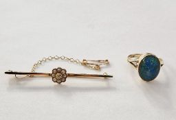 9ct gold and opal set ring, the oval opal 13mm x 10mm, 3.5g and a gold-coloured bar brooch, flower-