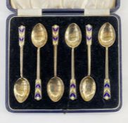 Set of six silver-gilt and enamel teaspoons, blue and yellow enamel to handle, Birmingham 1954,