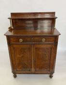 Mahogany secretaire /chiffonier, having raised shelf with panel back on brass supports, secretaire