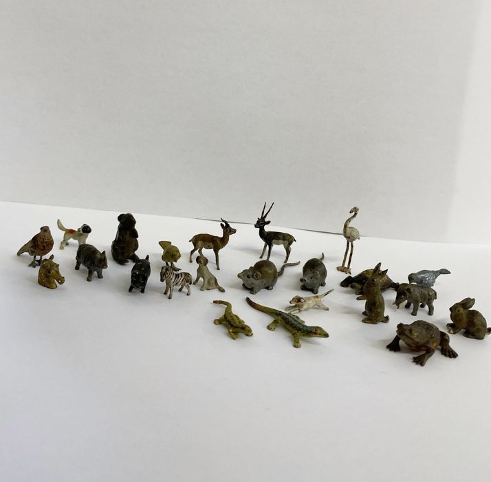 Quantity miniature cold painted bronze animals:-  rats, lizards, zebra, rabbits, flamingo, antelope,