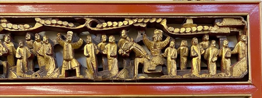 Chinese carved gilt and lacquered wall mirror, rectangular, with pair brass angular handles to the - Image 2 of 2